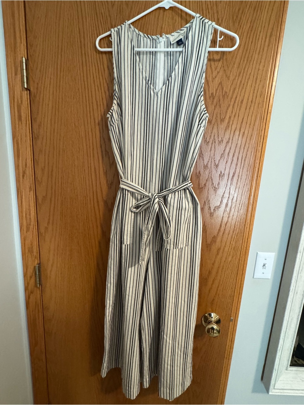 Universal Thread Neutral Striped Sleeveless Tie-Waist Jumpsuit